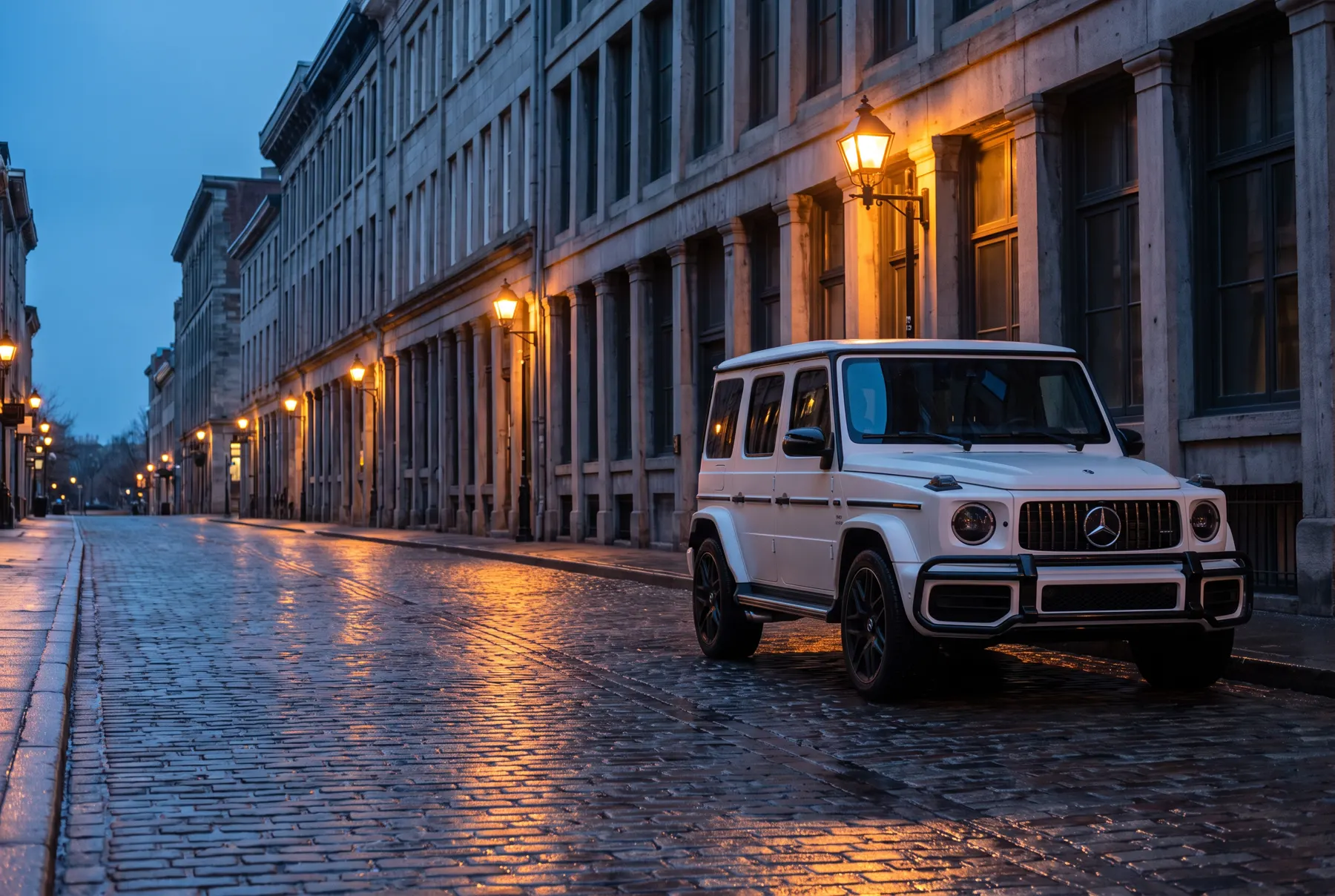 White G 63 parked on rue Saint-Paul in Old Montreal at blue hour